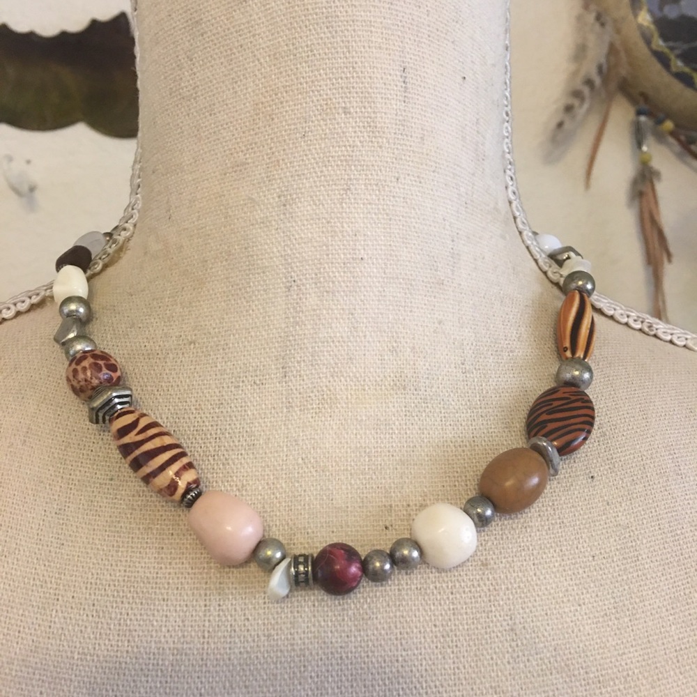 Animal print theme multi material bead necklace